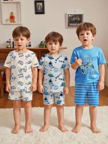 [1 Set] Young BoyCute Cartoon Animal, Gamepad, Astronaut Print Short Sleeve Shorts Snug Fit Pajama Set, Random Assortment - Multicolor - View 7