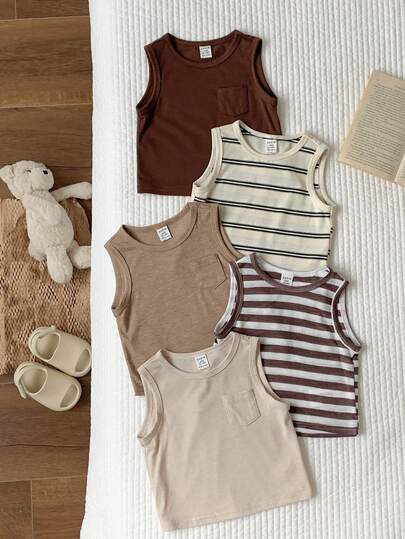 SHEIN Bộ 5 áo vest dệt kim kẻ sọc đa năng dễ thương cho bé sơ sinh trai/gái, nhiều màu sắc, dễ phối đồ.