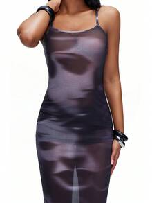 TypaGal Y2K Sexy Summer Black Stylish Chic Bold Modern Women's Fashion Carnival Party Beach Vacation Street Casual  Face Print Fashion Mesh Bodycon Spaghetti Strap Dress - Black and White - View 5