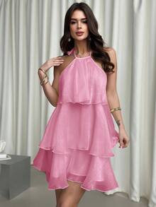 Firerie 优雅浪漫的露背层叠下摆白色欧根纱吊带泡泡袖连衣裙，适合情人节穿着 - 淺粉色 - 查看 4