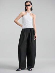Ontre Damen hochwertige schwarze bequeme, weiche Stoff Hose mit Falten vorne, Seitentaschen, elastischem Bund und weitem Bein, anspruchsvolle urbane Mode für Business-Lässig Bürokleidung, zeitloser eleganter Stil geeignet für Flughafen, Kreuzfahrt, Hochzeiten im Nahen Osten, minimalistische Luxus-Essentials - Schwarz - Übersicht 8