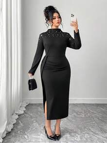 Elenzga 大码优雅修身珍珠装饰长袖连衣裙 - 黑色 - 查看 3