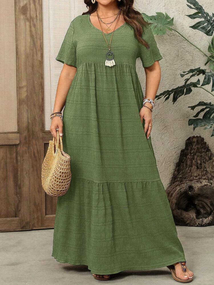 2PC Plus Size Women's Summer Casual Olive Green Boho Vacation Holiday Dress,Textured Short Sleeve Flowy Modest Sundress,Spring Break Outfits For Women