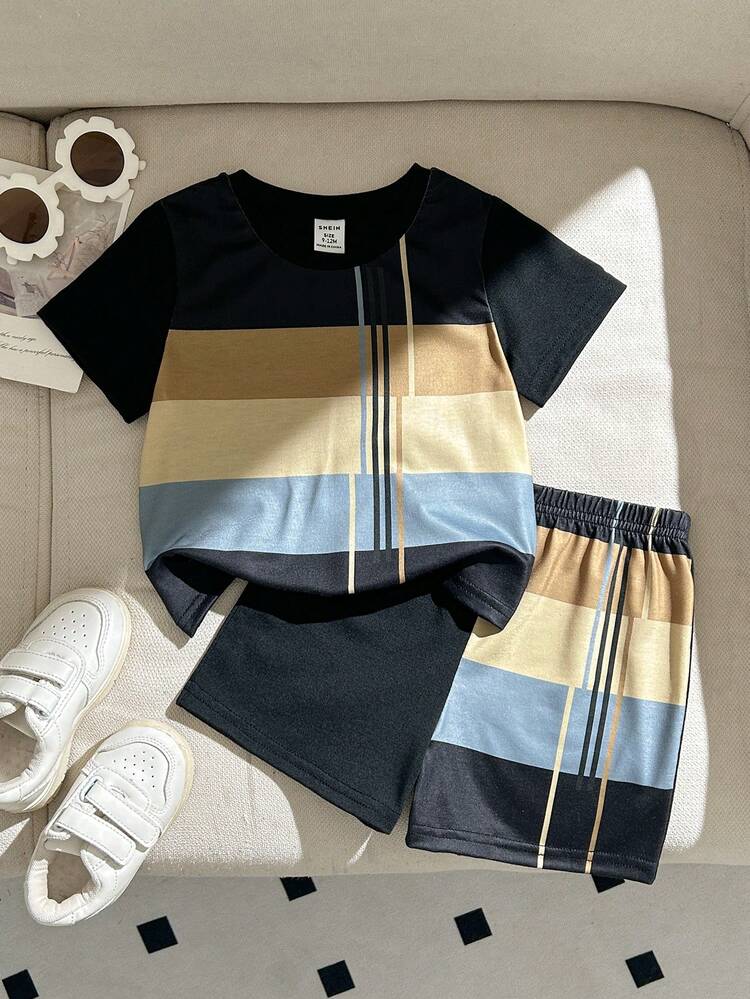 SHEIN 2pcs/Set Striped & Digital Print Short Sleeve T-Shirt + Shorts Summer - Multicolor - View 5
