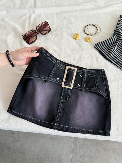 Elamini Women's Casual Belted Mini Denim Skirt, Summer