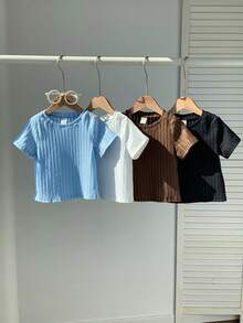 SHEIN 4件套男女宝宝休闲纯色短袖针织T恤套装，春夏宝宝服装 - 彩色 - 查看 8