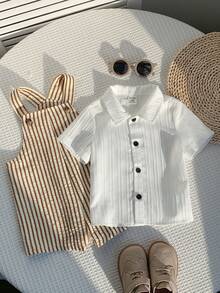 SHEIN 男女宝宝白色短袖翻领梭织休闲度假上衣，春夏男宝宝服装 - 白色 - 查看 1