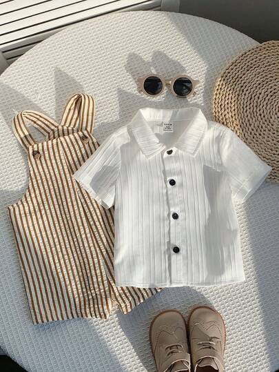 SHEIN Unisex Baby Boy/Girl White Short Sleeve Collared Woven Casual Vacation Top, Spring/Summer Baby Boy Clothes