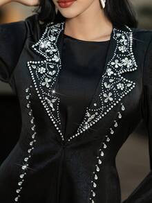 Layrah Rhinestone Embellished Handmade Long Abaya Jacket With Suit Collar Luxury Clothes For Women Sparkly Black Dress For Evening Party - Black - View 4