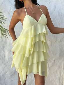 Aloruh Women's Elegant Sexy Fashionable Romantic Date/Graduation/Party Layered Ruffle Halter Backless Tie Strap Mini Dress, Light Yellow, Spring/Summer - Light Yellow - View 4