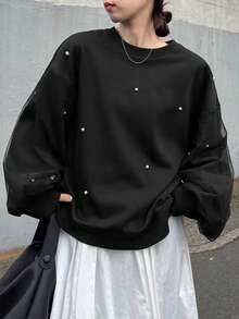 FRIFUL 女士圆领网眼拼接珍珠装饰加厚抓绒卫衣 - 黑色 - 查看 1