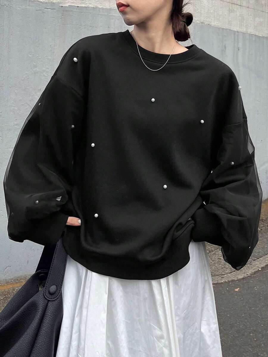 FRIFUL 女士圆领网眼拼接珍珠装饰加厚抓绒卫衣 - 黑色 - 查看 1