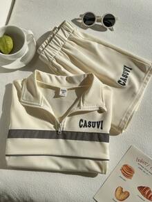 SHEIN Explorewe 2 peças/Conjunto Roupa Polo para Meninas, Top Polo Bege com Fita Refletiva e Decoração com Estampa de Letra + Shorts Esportivos Soltos, Conjunto Esportivo Casual para Uso Diário - Damasco - Visão 9