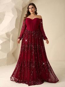Coutiva Đầm dạ hội thanh lịch, trễ vai, tay dài, hở lưng, xếp ly ở gấu váy, đính sequin, thích hợp cho khách dự đám cưới, lễ tốt nghiệp, dạ hội, tiệc tựu trường, sự kiện thảm đỏ, v.v. - Màu Đỏ Sâu - Xem 7