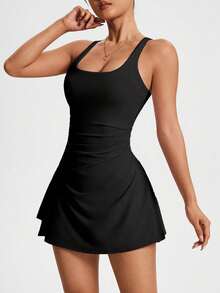 CourtClass 女士纯色荷叶边休闲运动连衣裙 - 黑色 - 查看 5