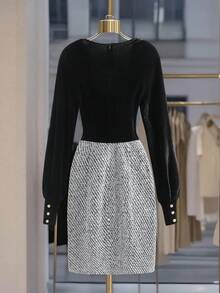 Franclia Petite Elegant Women's Tweed & Velvet Patchwork V-Neck Long Sleeve Casual/Party/Holiday Christmas Dress - Black - View 2