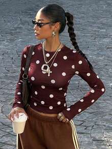 Muchica 休闲黄色波点针织女式圆领长袖T恤 - 棕色 - 查看 3