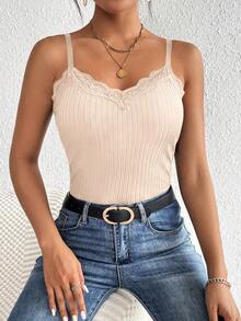 SHEIN Frenchy Contrast Lace Trim Cami V Neck Grain Fabric Top - Khaki - View 4