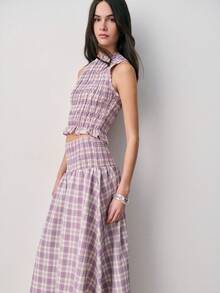 Nöista Sleeveless Plaid Dress Features A Smocked Bodice With Ruffle Details At The Waist And Neckline, Flowing Into A Gathered Skirt. Spring, Summer Outfit For Women, Casual Top. - Purple - View 1