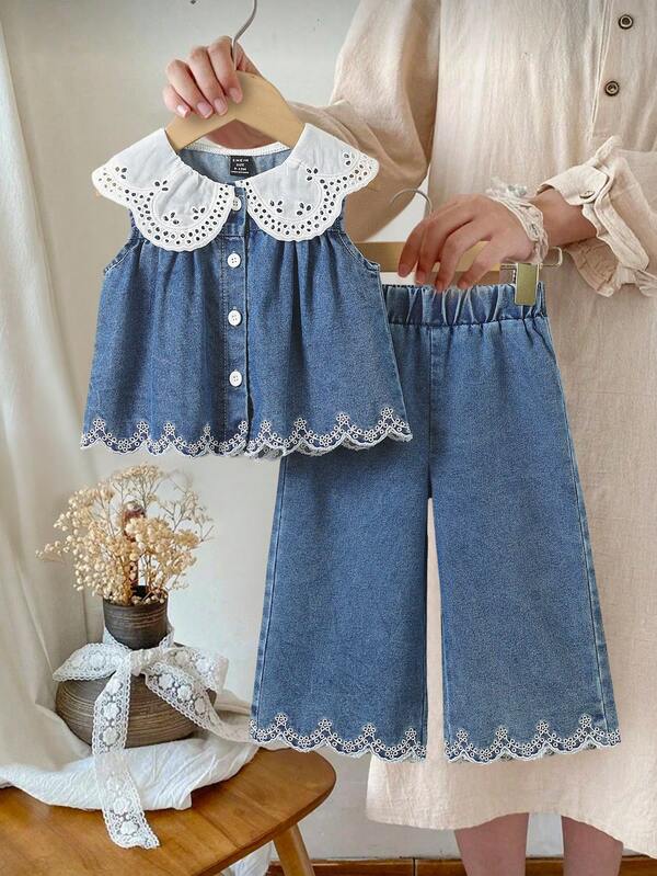 SHEIN Countryside Style Peter Pan Collar Girls Outfit, Baby Girl Fashion Embroidered Hem Sleeveless Top And Long Pants 2-Piece Set