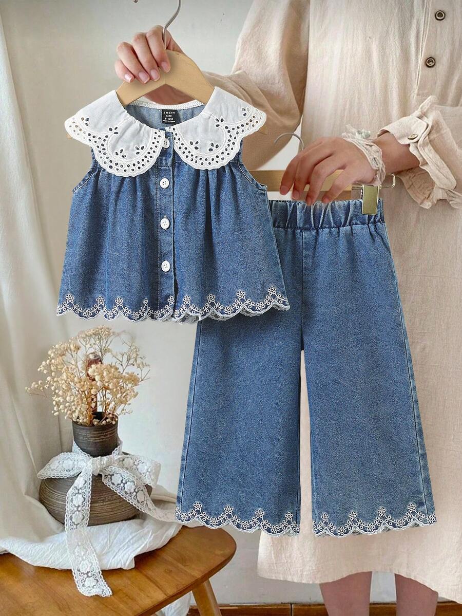 SHEIN Countryside Style Peter Pan Collar Girls Outfit, Baby Girl Fashion Embroidered Hem Sleeveless Top And Long Pants 2-Piece Set - Medium Wash - View 1
