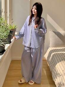 Dazy Plus Striped Color Block Loose Open Front Top And Long Pants Pajama Set, Spring/Autumn - Blue - View 8