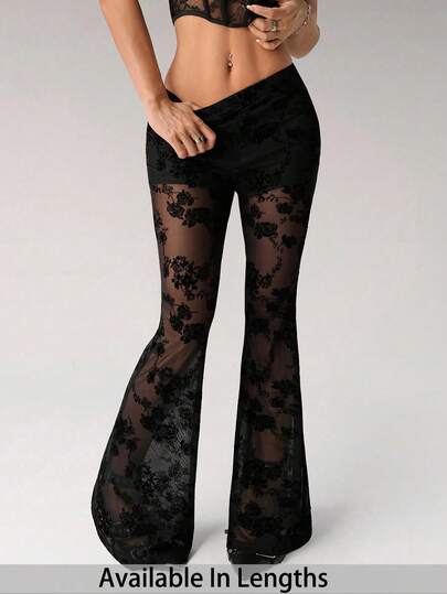 SHEIN Tall CURVE Plus Size Elegant Sexy Sheer Floral Flocked Mesh Flare Leggings Valentine's Day, See Through Pants, Bell Bottom Pants, Flared Pants, Valentines For Women, Carnival Costume For Women, Party