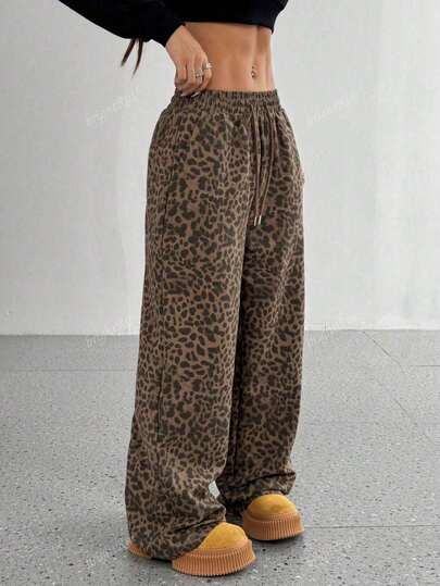 Pantalones de mujer con estampado de leopardo, estilo holgado y pierna ancha, casuales para uso diario o conjunto urbano