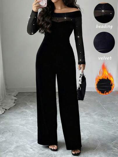 Elenzga סרבל אופנתי עם טלאי רשת ועיצוב פנינים דמוי פנינים לנשים במידות גדולות