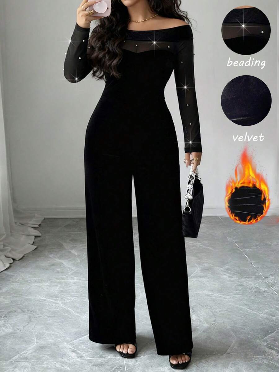 Elenzga Mono de noche de moda para mujer talla grande con parches de malla y decoración de perlas falsas - Negro - Ver 1