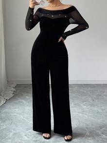 Elenzga Mono de noche de moda para mujer talla grande con parches de malla y decoración de perlas falsas - Negro - Ver 5