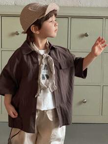 DAZY Camisa casual de manga corta, hombros caídos y botones delanteros de unicolor para niño, primavera-verano - Marrón - Ver 5