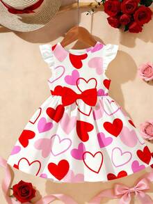 1 chiếc đầm cho bé gái 6 tháng - 2-3 tuổi, họa tiết trái tim và nơ lớn, tay bồng, chất liệu nhẹ, kiểu công chúa dễ thương, thích hợp cho ngày Valentine/mặc hàng ngày, mùa hè. - Nhiều màu - Xem 6