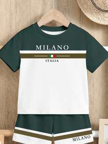 SHEIN Conjunto de camiseta infantil para bebê, modelo casual minimalista clássico, estilo universitário/esportivo, com cores contrastantes, modelagem solta e confortável, ideal para o verão. - Multicolorido - View 4