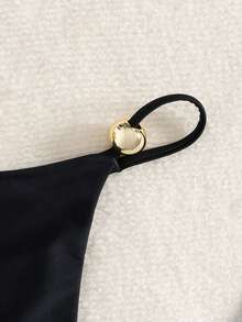 Swim SXY Nova Calcinha de Maiô Bikini Sólida e Sexy com Alça Lateral e Decoração de Pérola Grande, Adequada para Praia, Resort - Preto - Visão 5