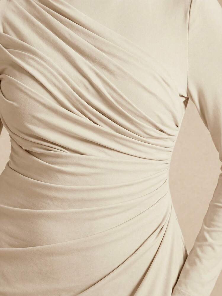 SHEIN BAE 大码女士优雅长袖褶皱连衣裙，黄色，秋冬款 - 杏色 - 查看 3