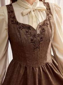 Vintamour Vintage Classic Elegant Women Embroidered Fitted Tank Dress, Brown Brown Elegant Dress Women Coffee Brown Dress Cottagecore Dress French Style Dress Spring Outfit Women Spring Dress For Women - Brown - View 8