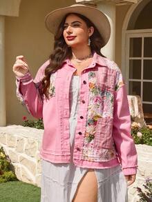 Breezaya Áo khoác denim họa tiết hoa chắp vá dành cho nữ cỡ lớn, thích hợp cho mùa xuân/hè. - Hồng - Xem 7