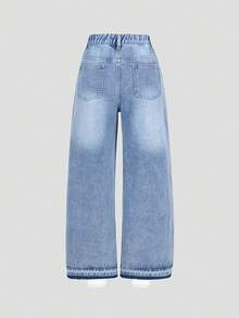 Tween Girls Light Blue Ripped Baggy Jeans,Y2K Grunge Style Loose Straight Leg Distressed Denim,Summer Back-To-School Fashion Casual Jeans For School - Medium Wash - View 3