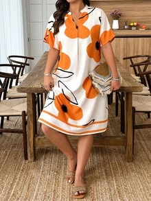 EMERY ROSE Plus Size Floral Print Notched Neck Casual Short Sleeve Dress - Orange - View 4