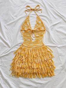 Soleia Women's V-Neck Halter Tie Back Fitted Sweater Dress, Bohemian, Boho, Vacation, Autumn/Winter - Multicolor - View 2