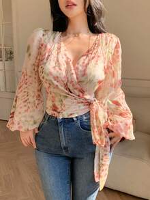 DAZY 女士印花系带灯笼袖优雅度假衬衫，春夏款 - 粉色 - 查看 6