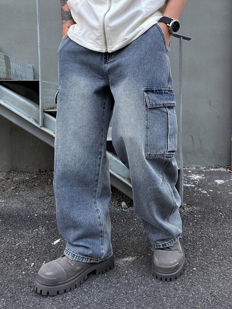 Men's Washed Distressed Blue Denim Jeans, Spring