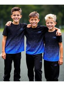 2件套青少年休闲渐变数码印花圆领T恤搭配时尚抽绳裤套装，适合日常通勤、春夏穿着。 - 黑色 - 查看 6