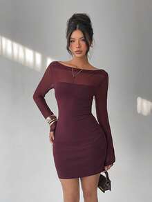 Aloruh Women's Elegant Off Shoulder Mesh Patchwork Bodycon Mini Dress, Suitable For Valentine's Day - Red Violet - View 7