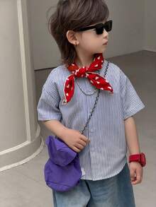 DAZY Young Boy Striped Print Button-Front Casual Short Sleeve Shirt - Blue - View 7