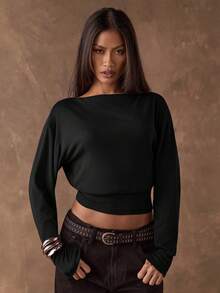 SHEIN BAE Femmes Sexy Mode Rue Décontracté Couleur Unie Drapé Dos Nu Manches Longues T-Shirt Court Noir, Printemps/Été - Noir - Voir 4