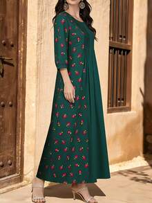 Al Najma Women's Floral & Plant Digital Print Ruched Waist Midi Dress With Flared Hem, Round Neck, Long Sleeve, Spring - Multicolor - View 5