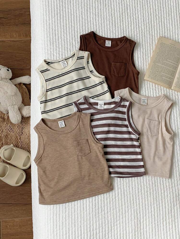 SHEIN Bộ 5 áo vest dệt kim kẻ sọc đa năng dễ thương cho bé sơ sinh trai/gái, nhiều màu sắc, dễ phối đồ. - Nhiều màu - Xem 5