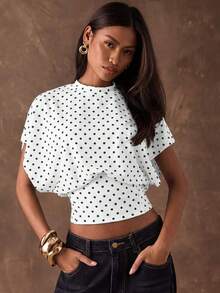 SHEIN BAE Women's Polka Dot Fitted Short Sleeve Fashionable Cropped Summer T-Shirt - White - View 5